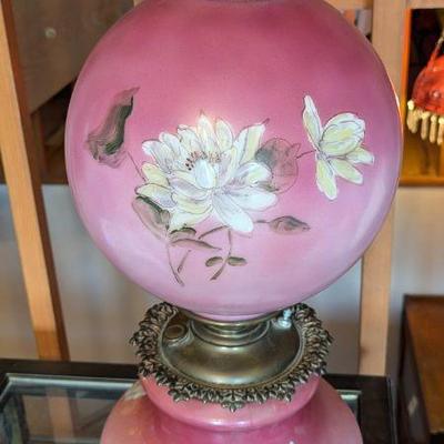 Antique Painted Glass Lamp with Floral Design