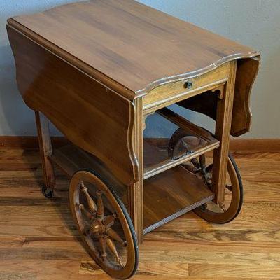 Vintage Wooden Drop-Leaf Tea Cart with Wheels