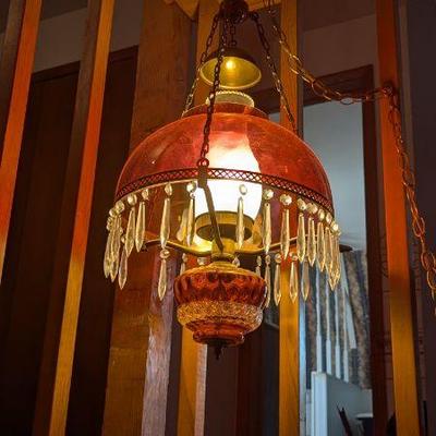 Antique Glass Hanging Lamp with Crystals