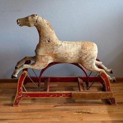 Antique Wooden Carousel Horse with Rocking Base