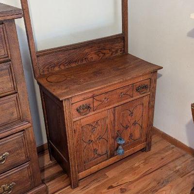 Late 19th Century Antique Oak Washstand With Towel Bar