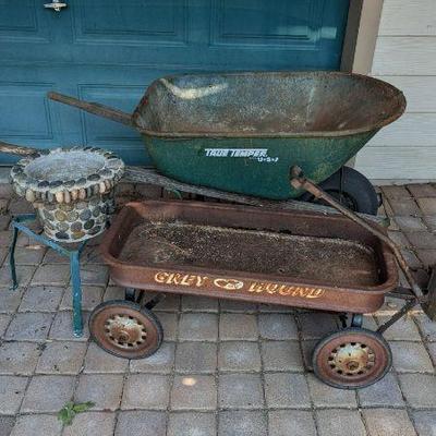 Vintage Yard Tools & Planter - Wheelbarrow, Greyhound Wagon, Stone Planter