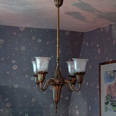 Antique Brass Chandelier with 4 Glass Shades
