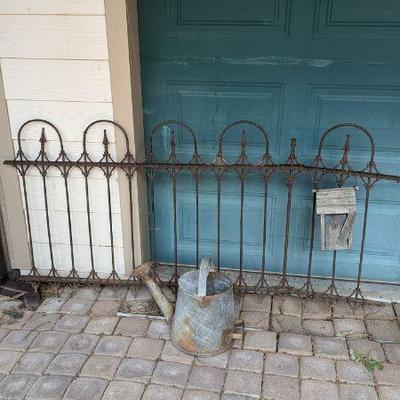 Rustic Garden Decor Lot - Vintage Watering Can, Iron Fence Section, Birdhouse
