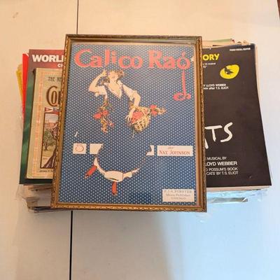 Vintage Piano Music Lot with Framed 1920s Calico Rag Sheet Music Cover