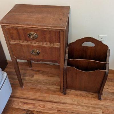 Vintage Wooden Sewing Stand / Side Table & Magazine Rack Set