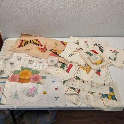  Embroidery and Fabric Pieces, Including Antique Zira & Nebo Cigarettes Tobacco Silks, Plus Chinese Paper Cut Peacocks