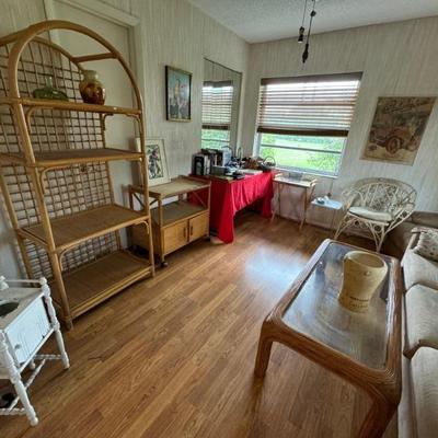 Vintage bamboo & rattan bookcase and cart on wheels 