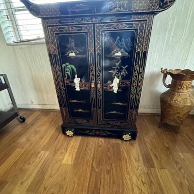Vintage Asian Tea Cart on wheels with removable serving tray and storage cabinet 