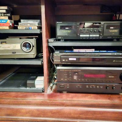 Denton receiver, Sony five disc changer, Sony tape deck, slide projector