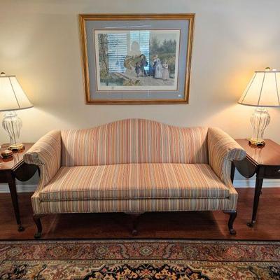 Custom camelback sofa, Ethan Allen Pembroke end tables