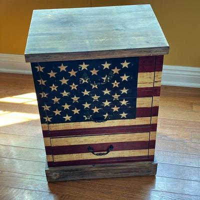 Americana Flag Chest | Patriotic three drawer Side Chest with flag wrapped around three sides, in an aged paint look. “Coast to Coast...