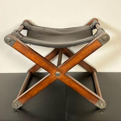 Ateliar Stool | Wood X frame stool with faux leather seat Has label “I Ateliar” on reverse. - l. 20” x w. 18” x h. 16” in

