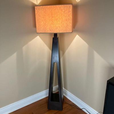 Taroga Modern Floor Lamp | Taroga Triangular wood floor lamp in a dark finish. - l. 9” x w. 9” x h. 61”w/Shade in

