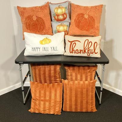 (10pc) Throw Pillows #3 | Ten Assorted Fall Decor Pillows including (2) Pumpkin Pillows by Shabby Chic, (4) Orange Pillows by Scott...