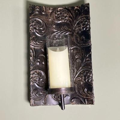 (3pc) Rustic Wall Sconces | Three Rectangular Wall Sconces with an embossed flower design. Metal in an aged black finish. All have an 8”...