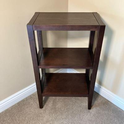 Two Tier Shelf Stand | Small shelf stand in dark finish. - l. 20” x w. 12” x h. 24” in

