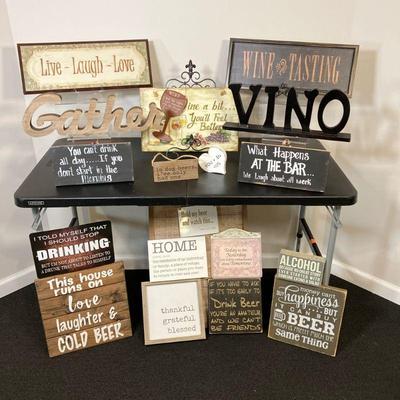 (20pc) Home-Wine-Bar Signs | Assorted Signs for wine, beer, home and love. Also includes large worn wood blank sign and metal scrolled...