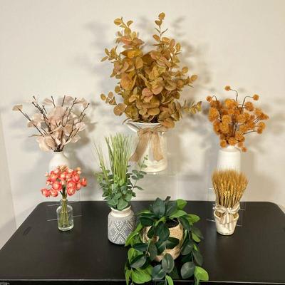 (7pc) Faux Plants & Flowers | Seven different faux plants in ceramic, metal and wicker vases and containers. - h. 25” x dia. 5.6” in...