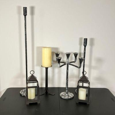 (6pc) Pottery Barn Candlesticks & Lanterns | PB Iron single Candlestick 24”. * PB Iron single Candlestick 36”. * PB Pr. Bronze tone...