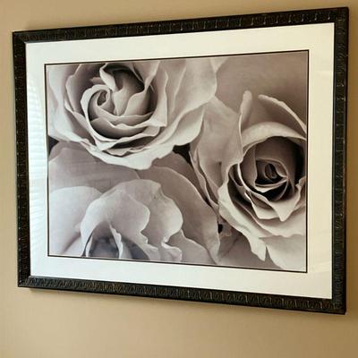Roses Sepia Print | Large sepia tone photo print of Three Roses in a worn bronze finish frame. - l. 50” x w. 1.75” x h. 39.5” in

