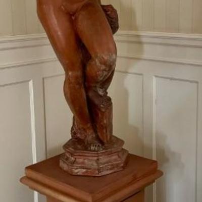 Large Life Size Italian Terracotta Nude Sculpture on Pedestal Stand