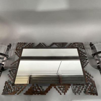 Lot 69 | Steel Framed Mirror & Glass Candle Holders
