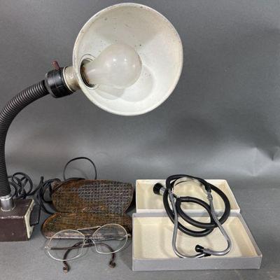 Lot 352 | Vintage Lamp, Wire Safety Glasses & Stethoscope

