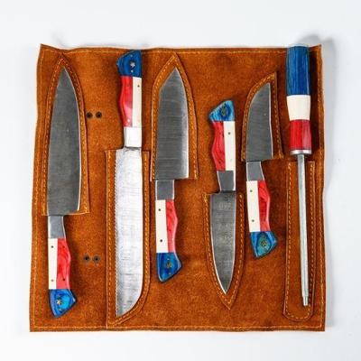 Lot 103v | Handmade Damascus Steel Chef 5 Knife Set

