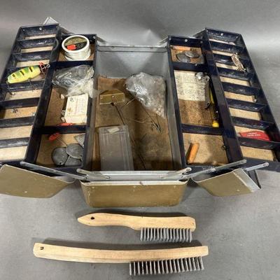 Lot 382 | Vintage Tackle Box with Contents & Wire Brushes
