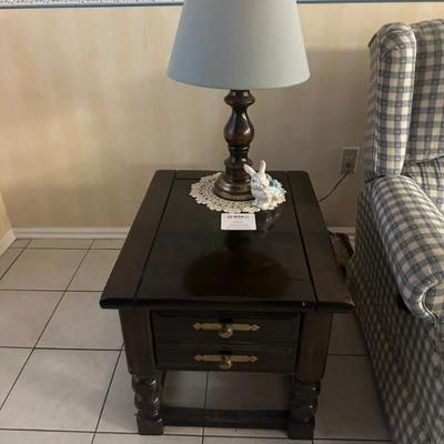 Pair of Side Tables and Wood and Brass Lamps