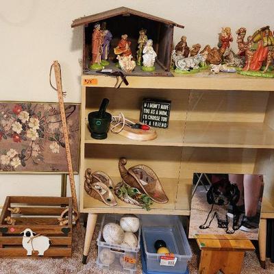 Vintage Nativity & Mid-Century Glass Door Cabinet