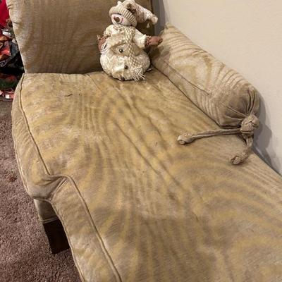 Antique Style Chaise w/Damask Upholstery • 62”l x 34”h x 34”d • $66
