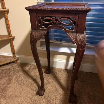 Carved Wood • Antique Style • Plant Stand • 33”h x 16” sq  • $135 ea • (two available.)