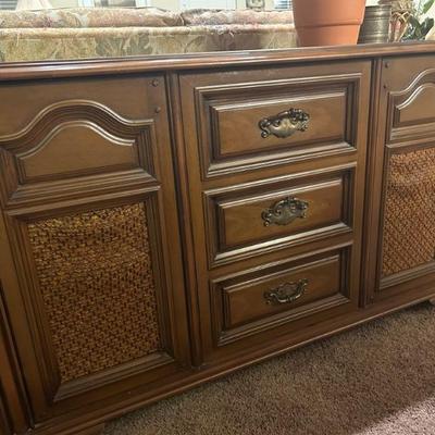 Magnavox • Console • Antiqued Pecan • 50”w x 28”h x 18.5”d • $225