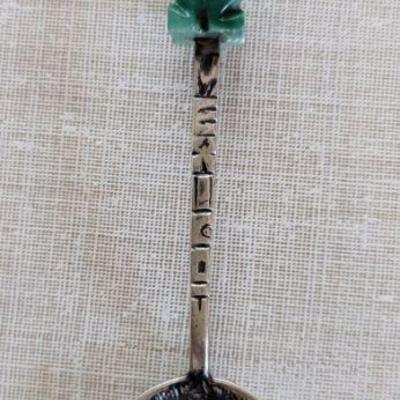 Vintage Mexico Souvenir Spoon Sterling Silver 925  with Green Jade Aztec Handle, Aztec calendar on bowl