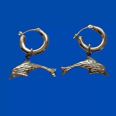 EternaGold hoop earrings. 14K with dangle dolphins. For sale on Ebay. See sale description for link.