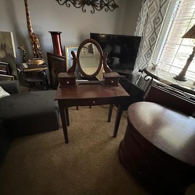 Vintage wood makeup mirror and stool 