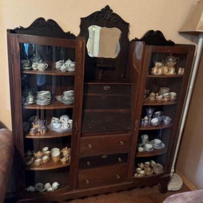 Antique Carved Hutch w/ Beveled Glass Doors & Writing Desk	