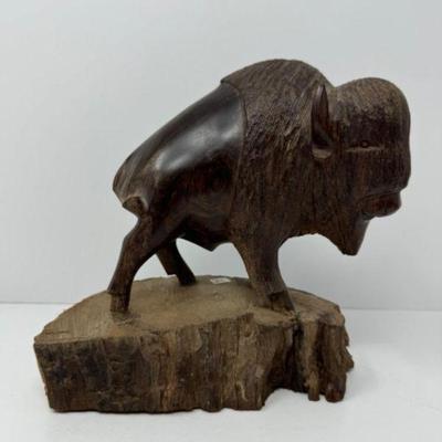 Hand-Carved Ironwood Bison Sculpture from Mexico	