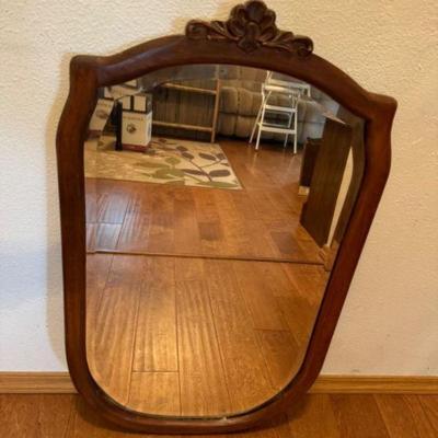 Antique Carved Wood Beveled Mirror w/ Ornate Frame	