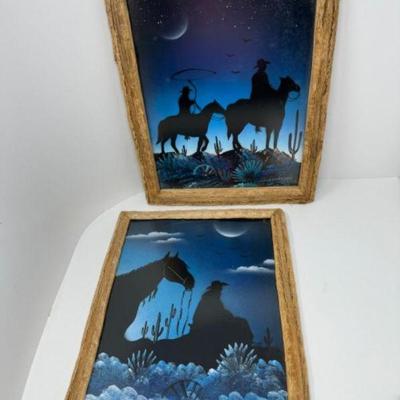 Pair of Western Shadowbox Art - Cowboys on Horseback & Lone Rider	