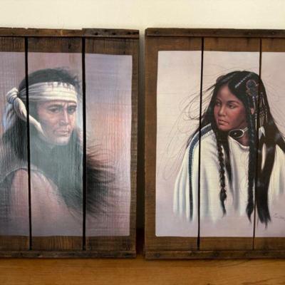 Pair of Native American Reclaimed Barn Wood Painting by S. Garcia	