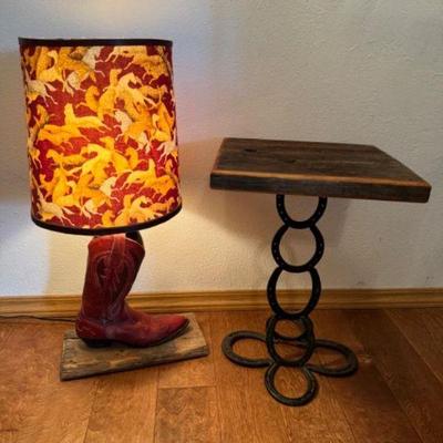 Authentic Leather Cowboy Boot Lamp & Barnwood Horseshoe Table	
