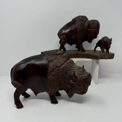 Hand-Carved Ironwood Bison Family Sculpture	