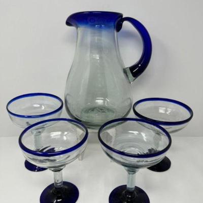 Glass Pitcher & Margarita Glasses Set w/ Cobalt Blue Trim	