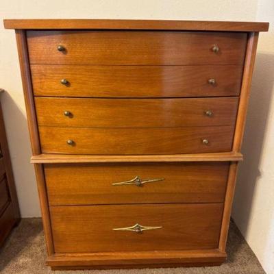 Mid-Century Modern Tall-Boy Dresser w/ Gold Tone Hardware	