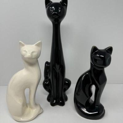 Three Stylish Black & White Ceramic Cat Figurines	