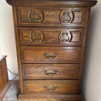 Vintage American Drew 5-Drawer Tall Boy Dresser w/ Unique Medieval Handles	