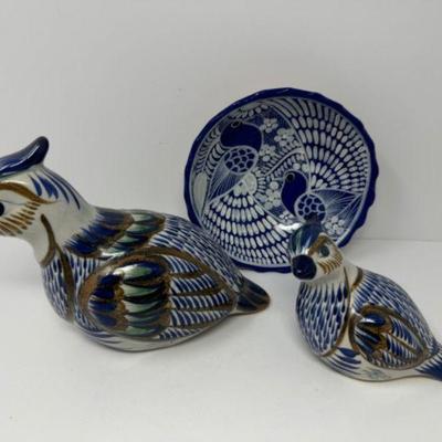 Vintage Mexican Ceramic Quail Birds & Matching 3-Footed Bowl	